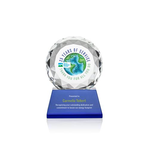 Corporate Awards - Crystal Awards - Seville Full Color Blue on Entwhistle Base Circle Crystal Award