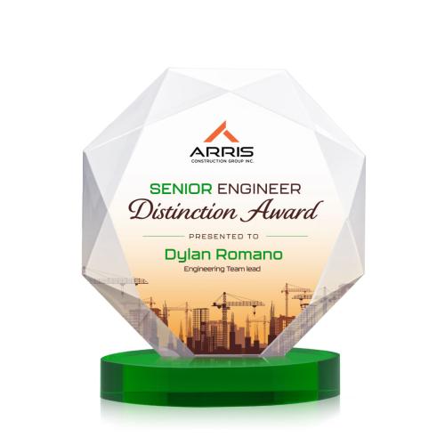Corporate Awards - Crystal Awards - Kitchener Full Color Green on Alberton Base Crystal Award
