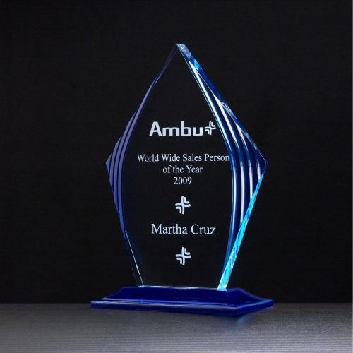 Corporate Awards - Acrylic Corporate Awards - Clear & Blue Acrylic Diamond Award on Royal Blue Base