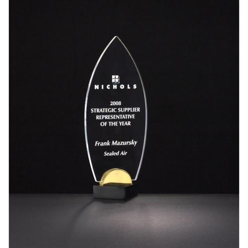 Corporate Awards - Metal Awards - Clear Acrylic Flame Award on Gold Acrylic & Black Metal Base