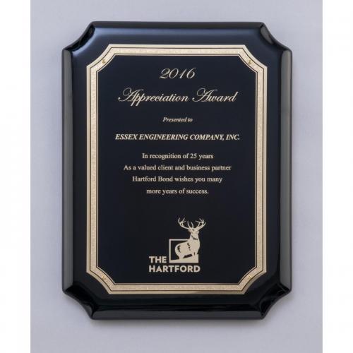 Corporate Awards - Award Plaques - Wood Plaques - Black Wood High Gloss Plaque with Gold Florentine Border Plate
