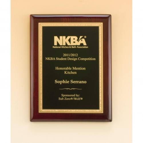 Corporate Awards - Award Plaques - Wood Plaques - Rosewood Piano Finish Rectangle Plaque with Florentine Border & Black Plate