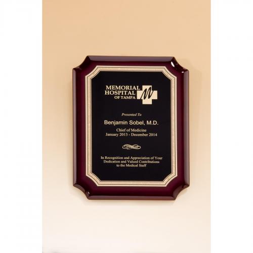 Corporate Awards - Award Plaques - Wood Plaques - Rosewood Piano Finish Plaque with Florentine Border & Brass Plate