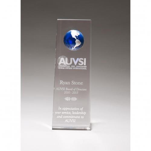 Corporate Awards - Crystal Awards - Globe Awards  - Blue & Chrome Globe in Crystal Tower Award with Rectangular Bottom