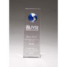 Employee Gifts - Blue & Chrome Globe in Crystal Tower Award with Rectangular Bottom
