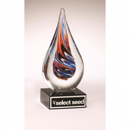 Corporate Awards - Glass Awards - Art Glass Awards - Clear Colored Art Glass Teardrop Award on Black Base