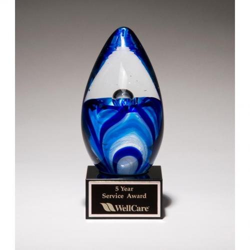 Corporate Awards - Glass Awards - Art Glass Awards - Blue Art Glass Egg Award on Black Glass Base