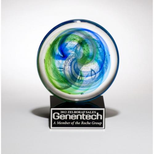 Corporate Awards - Green & Blue Art Glass Disk Award on Black Glass Base