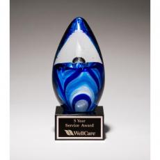 Employee Gifts - Blue Art Glass Egg Award on Black Glass Base