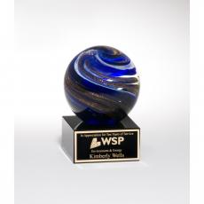 Employee Gifts - Gold & Blue Art Glass Globe Award on Black Glass Base
