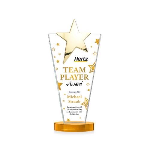 Corporate Awards - Crystal Awards - Mantella Gold Full Color Amber Star Crystal Award