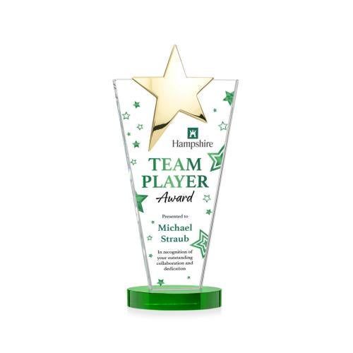 Corporate Awards - Crystal Awards - Mantella Gold Full Color Green Star Crystal Award