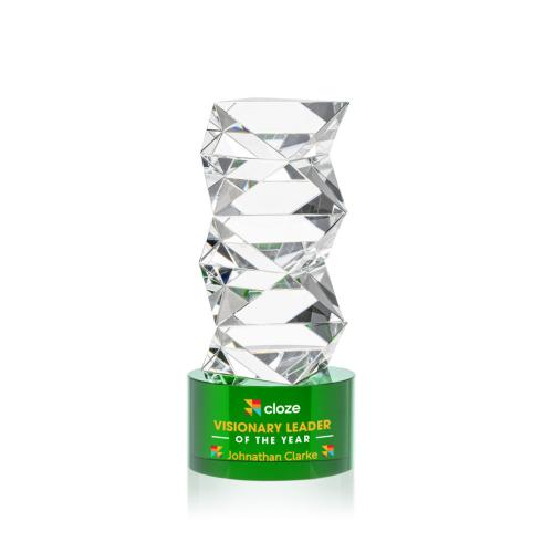 Corporate Awards - Crystal Awards - Callucci Full Color Green on Marvel Base Obelisk Crystal Award