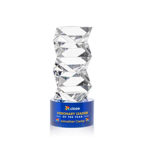 Corporate Awards - Crystal Awards - Callucci Full Color Blue on Marvel Base Obelisk Crystal Award