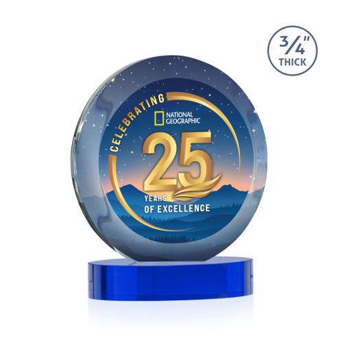 Corporate Awards - Crystal Awards - Gibralter Vividprint™ Blue on Alberton Base Circle Crystal Award