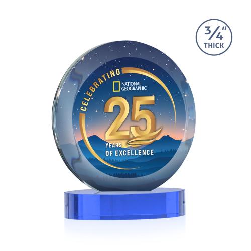Corporate Awards - Crystal Awards - Gibralter Vividprint&trade; Sky Blue on Alberton Base Circle Crystal Award