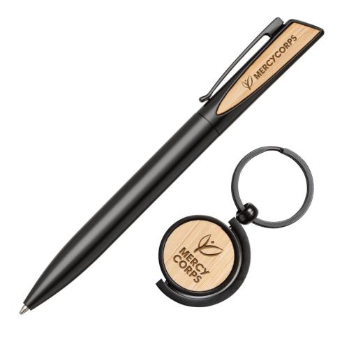 Corporate Recognition Gifts - Executive Gifts - Alban Aluminium Pen w/Bamboo Keyring Set
