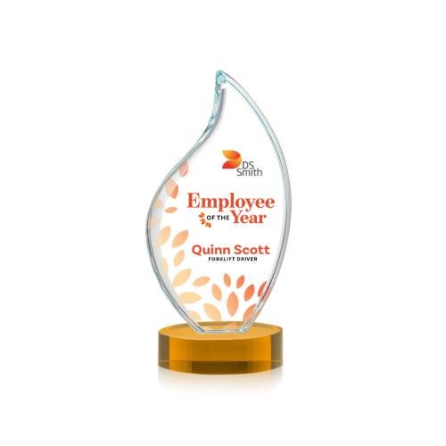 Corporate Awards - Crystal Awards - Odessy Full Color Amber on Alberton Base Flame Crystal Award