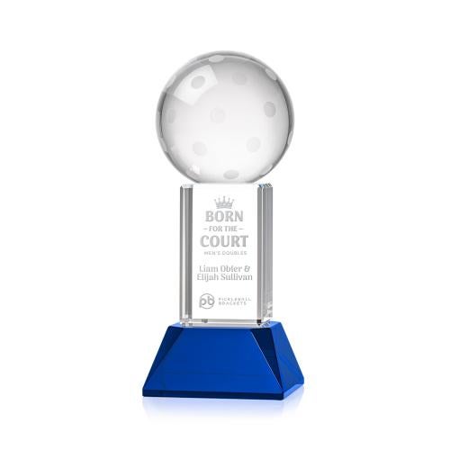 Corporate Awards - Crystal Awards - Pickleball Blue on Stowe Base Spheres Crystal Award