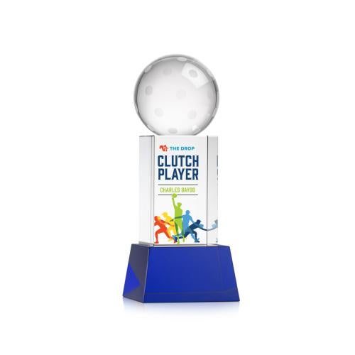 Corporate Awards - Crystal Awards - Pickleball Full Color Blue on Belcroft Base Spheres Crystal Award
