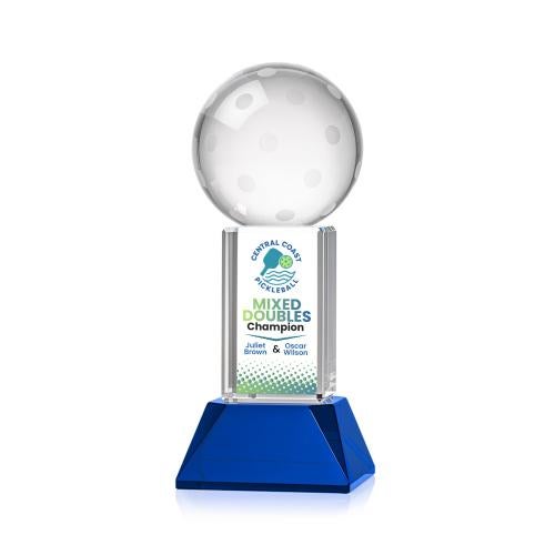 Corporate Awards - Crystal Awards - Pickleball Full Color Blue on Stowe Base Spheres Crystal Award