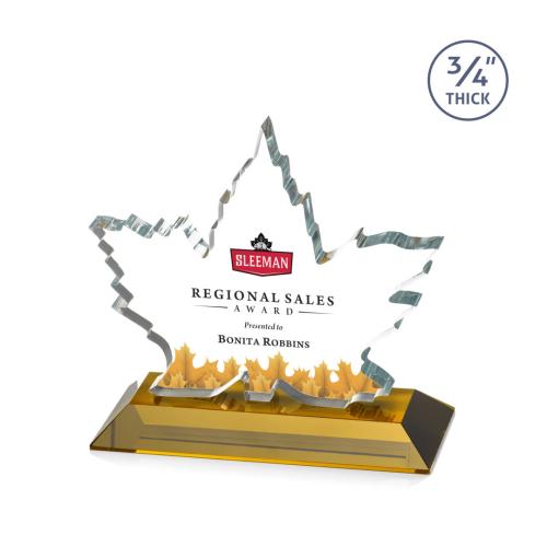 Corporate Awards - Crystal Awards - Colored Crystal - Maple Leaf Full Color Amber  Abstract / Misc Crystal Award