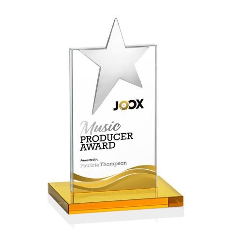 Corporate Awards - Crystal Awards - Bryanston Chrome Full Color Amber Star Crystal Award