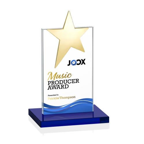 Corporate Awards - Crystal Awards - Bryanston Gold Full Color Blue Star Crystal Award