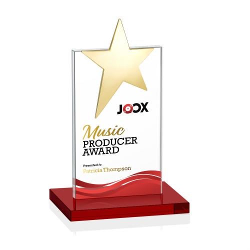 Corporate Awards - Crystal Awards - Bryanston Gold Full Color Red Star Crystal Award