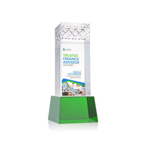 Corporate Awards - Crystal Awards - Velson Full Color Green on Base Obelisk Crystal Award