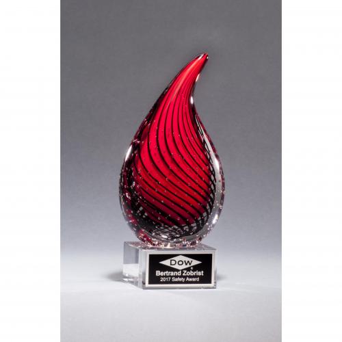 Corporate Awards - Glass Awards - Art Glass Awards - Red Art Glass Teardrop Award on Clear Glass Base