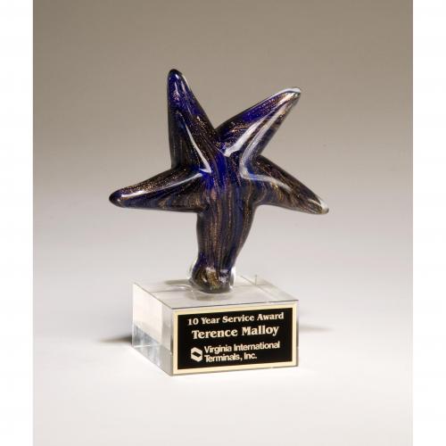 Corporate Awards - Glass Awards - Colored Glass Awards - Blue Art Glass Star Award with Gold Accents