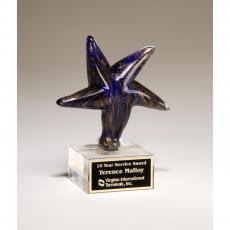 Employee Gifts - Blue Art Glass Star Award with Gold Accents
