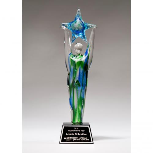 Corporate Awards - Glass Awards - Colored Glass Awards - Blue & Green Art Glass Star Achiever Award on Clear Base