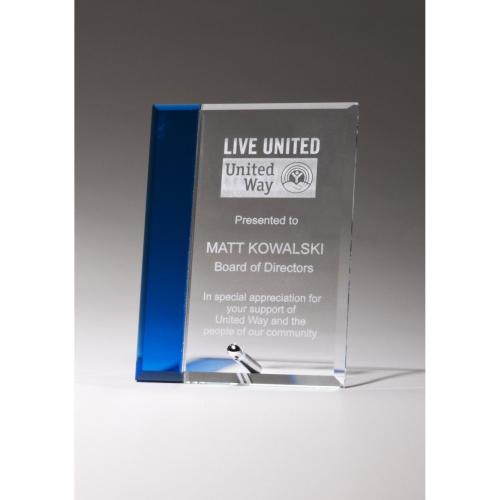Corporate Awards - Glass Awards - Colored Glass Awards - Clear Art Glass Rectangle Award with Blue Highlights