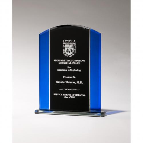 Corporate Awards - Blue & Black Art Glass Plaque with Black Base