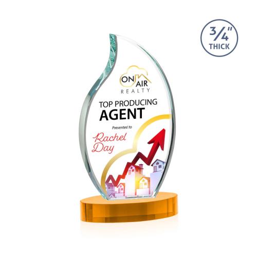 Corporate Awards - Crystal Awards - Croydon Full Color Amber on Alberton Base Flame Crystal Award