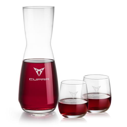 Corporate Recognition Gifts - Etched Barware - Mason Carafe & Crestview Stemless Wine