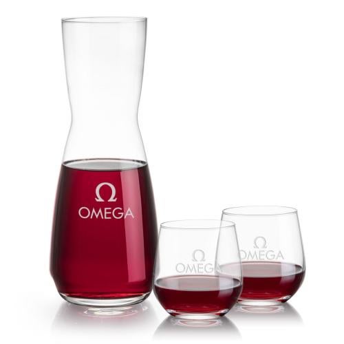 Corporate Recognition Gifts - Etched Barware - Mason Carafe & Garland Stemless Wine