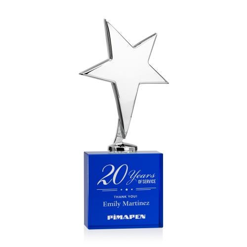 Corporate Awards - Crystal Awards - Crystal Star Awards - Tuscany Chrome Star on Woodlawn Base - Blue