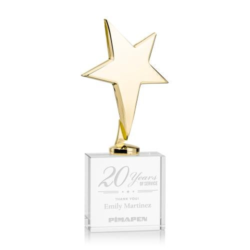 Corporate Awards - Crystal Awards - Crystal Star Awards - Tuscany Gold Star on Woodlawn Base - Clear