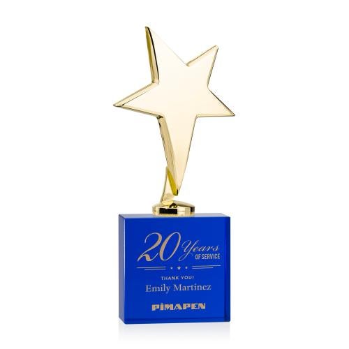 Corporate Awards - Crystal Awards - Crystal Star Awards - Tuscany Gold Star on Woodlawn Base - Blue