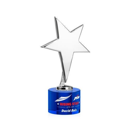 Corporate Awards - Crystal Awards - Crystal Star Awards - Tuscany Chrome Full Color Blue on Marvel Base Star Metal Award