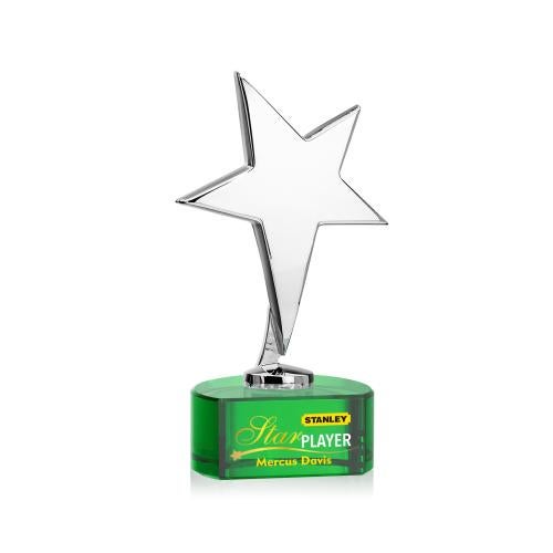 Corporate Awards - Crystal Awards - Crystal Star Awards - Tuscany Chrome Full Color Star on Paragon Base-Green Metal Award