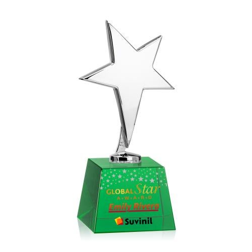 Corporate Awards - Crystal Awards - Crystal Star Awards - Tuscany Chrome Full Color Green on Robson Base Star Metal Award