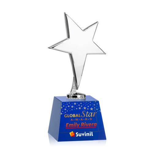 Corporate Awards - Crystal Awards - Crystal Star Awards - Tuscany Chrome Full Color  Blue on Robson Base Star Metal Award