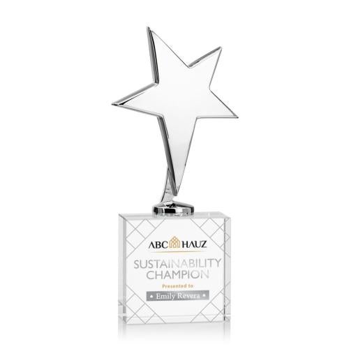 Corporate Awards - Crystal Awards - Crystal Star Awards - Tuscany Chrome Full Color Clear on Woodlawn Base Star Metal Award