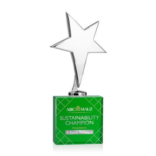 Corporate Awards - Crystal Awards - Crystal Star Awards - Tuscany Chrome Full Color Green on Woodlawn Base Star Metal Award