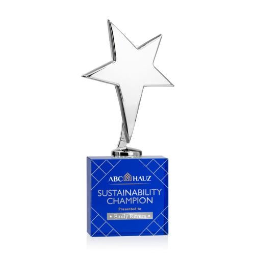 Corporate Awards - Crystal Awards - Crystal Star Awards - Tuscany Chrome Full Color  Blue on Woodlawn Base Star Metal Award