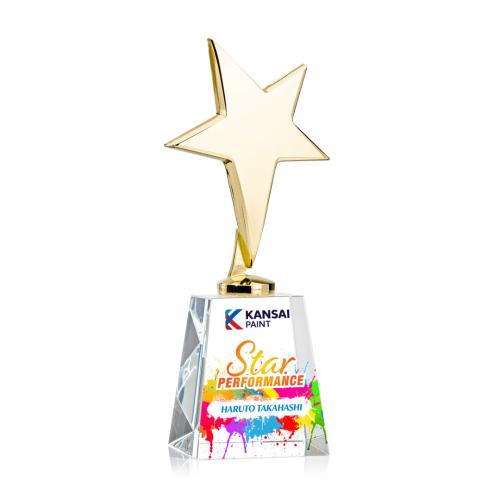 Corporate Awards - Crystal Awards - Crystal Star Awards - Tuscany Gold Full Color Clear on Celestina Base Star Metal Award